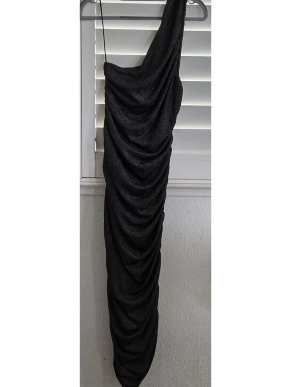 Michael Kors One Shoulder Ruched Metallic Black Silver Midi Dress L NWT